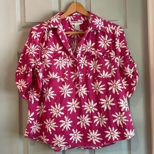 Cathy Daniels Women's XL Linen Rayon Pink White Floral Hawaiian Shirt